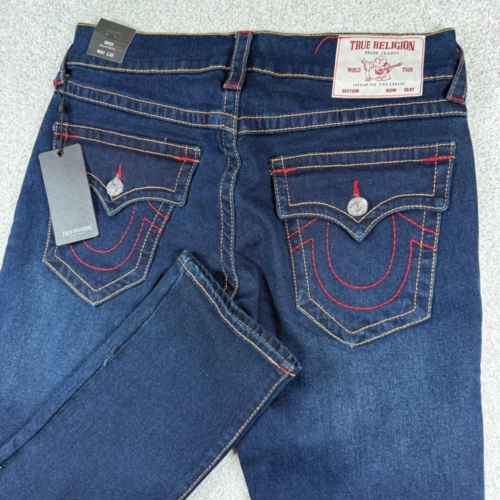 NEW True Religion Rocco Skinny Jeans Mens 31 Blue Midnight Wash Big T Flap